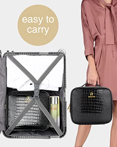 Travel Makeup Case, Train Case Makeup Brush Organizer, Professional Makeup Artist Makeup Organizer, with Adjustable Partition and Shoulder Straps, Train Case Makeup Bag (Crocodile, Small)