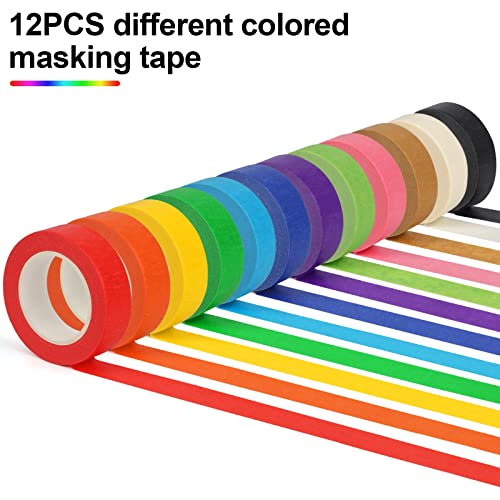 12PCS Colored Masking Tape Kids Art Supplies DIY Craft Tape Colored Tape Rolls 1.7cm x 12m (2/3 In x 13 Yards)