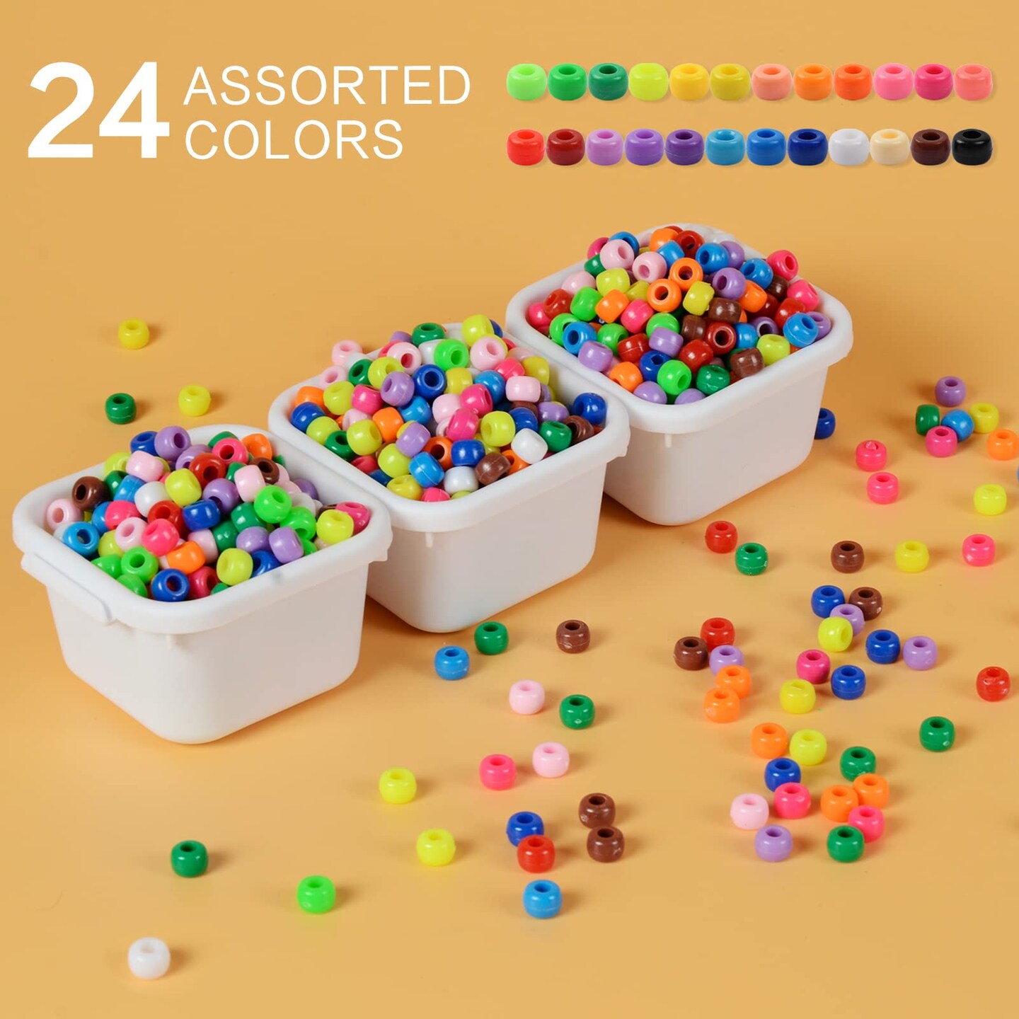 3600 Pieces 6x9mm Multi-Colored Plastic Craft Beads Set, Bulk Rainbow Hair Beads 24 Assorted Colors for DIY Crafting Jewelry Making Kandi Bracelets