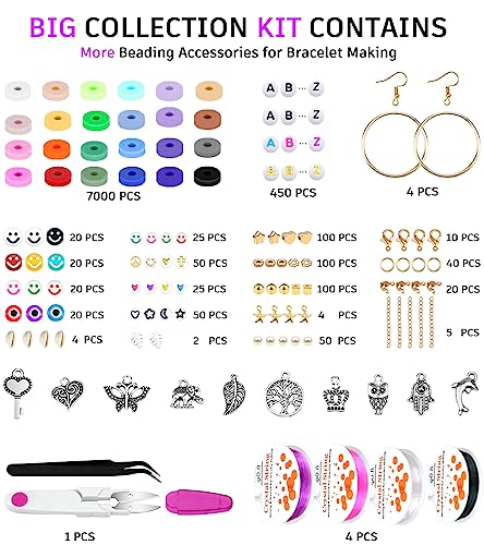 8000 Pieces Clay Beads Kit for Bracelet Making, 2 Boxes 24 Colors Flat Clay Beads Letter Beads Spacer Beads and Charms Kit for Jewelry Making, Jewelry Supplies Crafts Gift for Teen Girls Adults