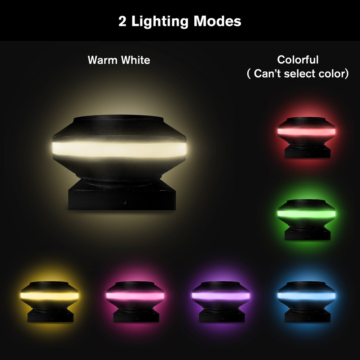 Black Round Solar Powered Post Cap Lights for Wood or Vinyl Posts, Warm White/Colorful(Set Of 4)