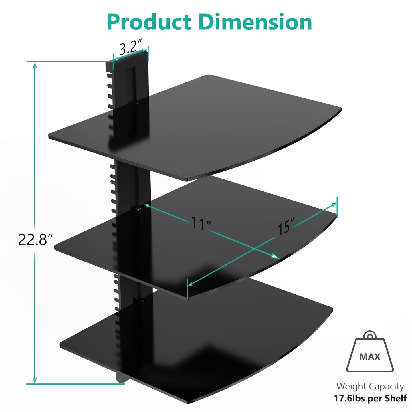 Floating Entertainment Center Shelves, Holds Up to 17.6lbs, TV Shelf with Strengthened Tempered Glasses for DVD Players, Cable Boxes, Games Consoles, TV Accessories (CS303B), 3 Shelf, Black