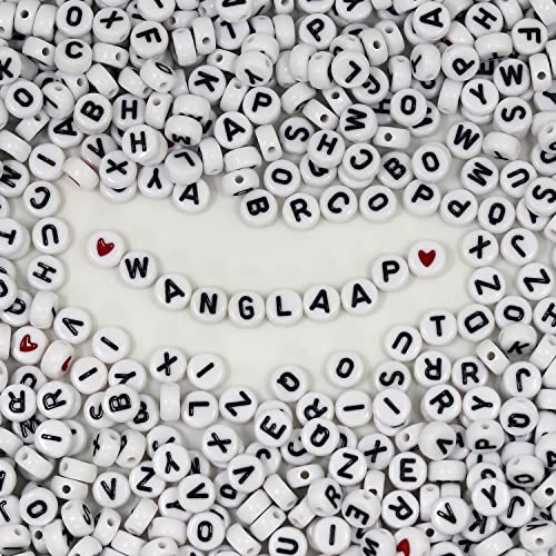 1450 Pieces Letter Beads, Acrylic 4x7mm Round Letter Beads Kits, Alphabet Beads A-Z and Red Heart Black Star Beads for Bracelets Necklaces DIY Jewelry Making (White)