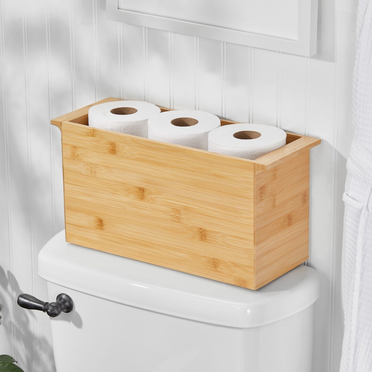 mDesign Bamboo Wooden Bathroom Storage Organizer Box with Handles - Natural