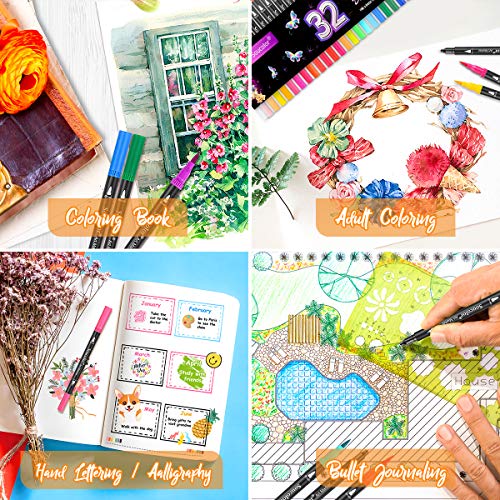 Art Brush Markers Pens for Adult Coloring Books 34 Colors Numbered Dual Tip (Brush and Fine Point) Markers for Kids Note-Taking Planner Hand Lettering Calligraphy Drawing Journaling