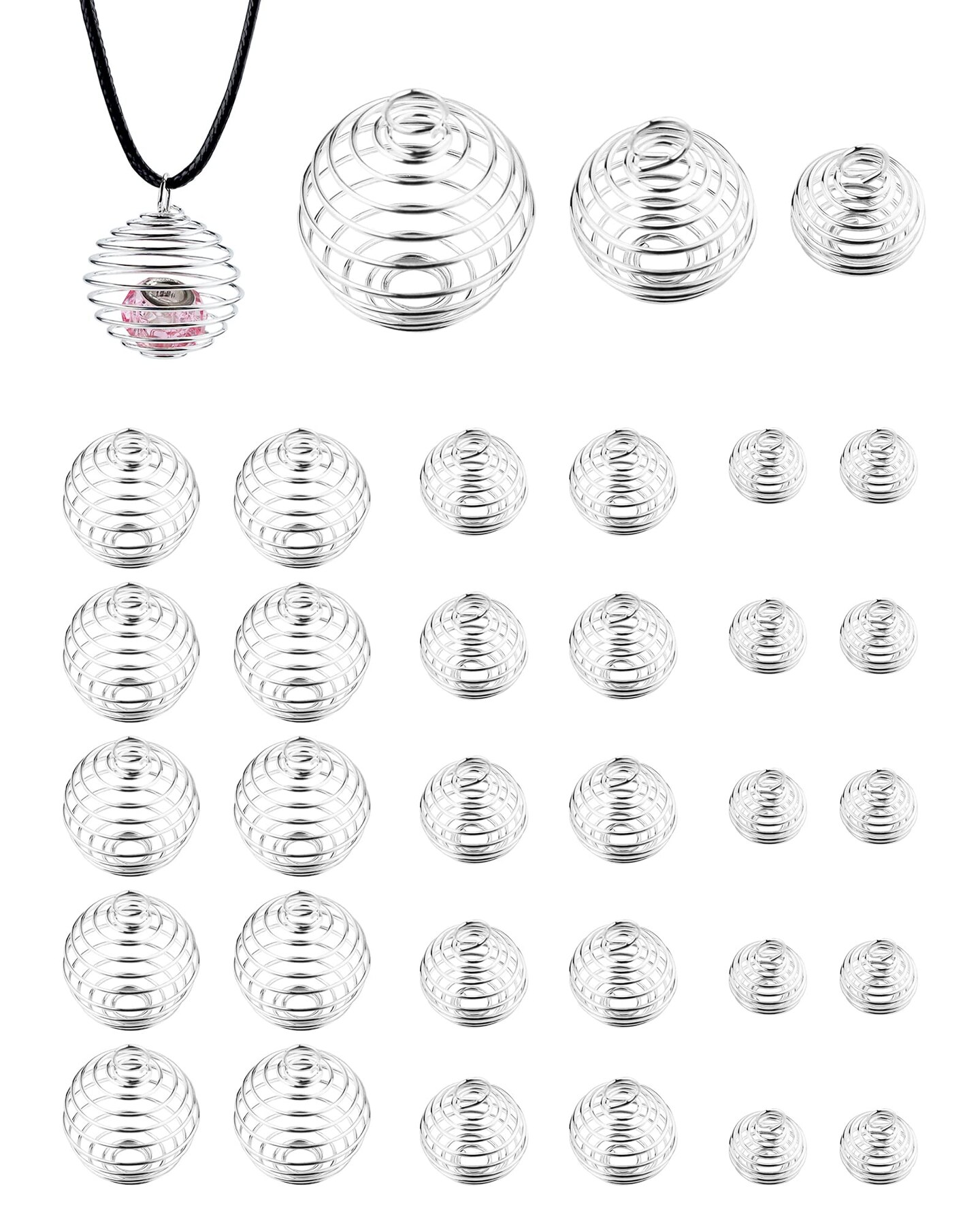 30 Pieces Spiral Bead Cages Pendants, 3 Sizes Silver Plated Stone Holder Necklace Cage Pendants Findings for Jewelry Making and Crafting
