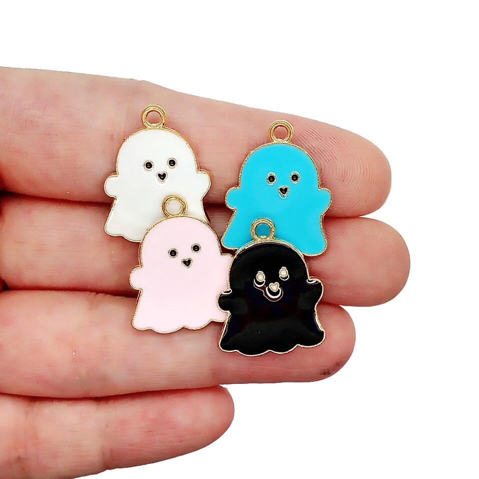 Cute Ghost Charms, 4 pieces, White Black Pink &#x26; Blue Enamel Metal Charms, Adorabilities