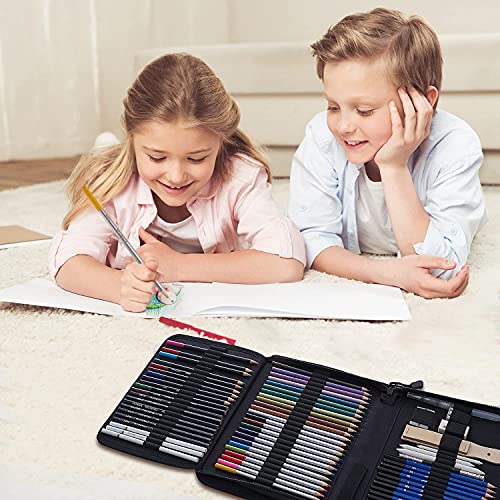 76-Pack Drawing Set Sketching Kit Pro Art Supplies with 3-Color Sketchbook Includes Tutorial Colored, Graphite, Charcoal, Watercolor, and Metallic Pencils for Artists, Adults, Teens, and Beginners