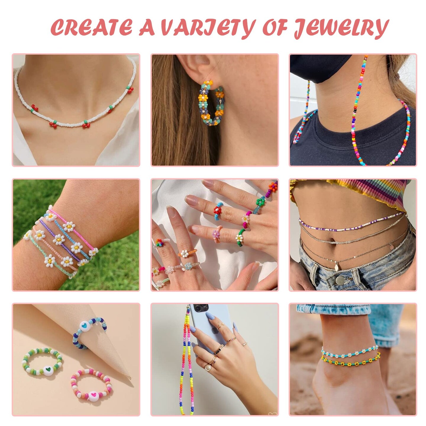 48000 Pieces 2mm Glass Seed Beads for Jewelry Making Kit, 96 Colors Small Bracelet Beads with Pendant Charms Kit and Letter Beads for Bracelets Necklace Ring Making, DIY, Art and Craft