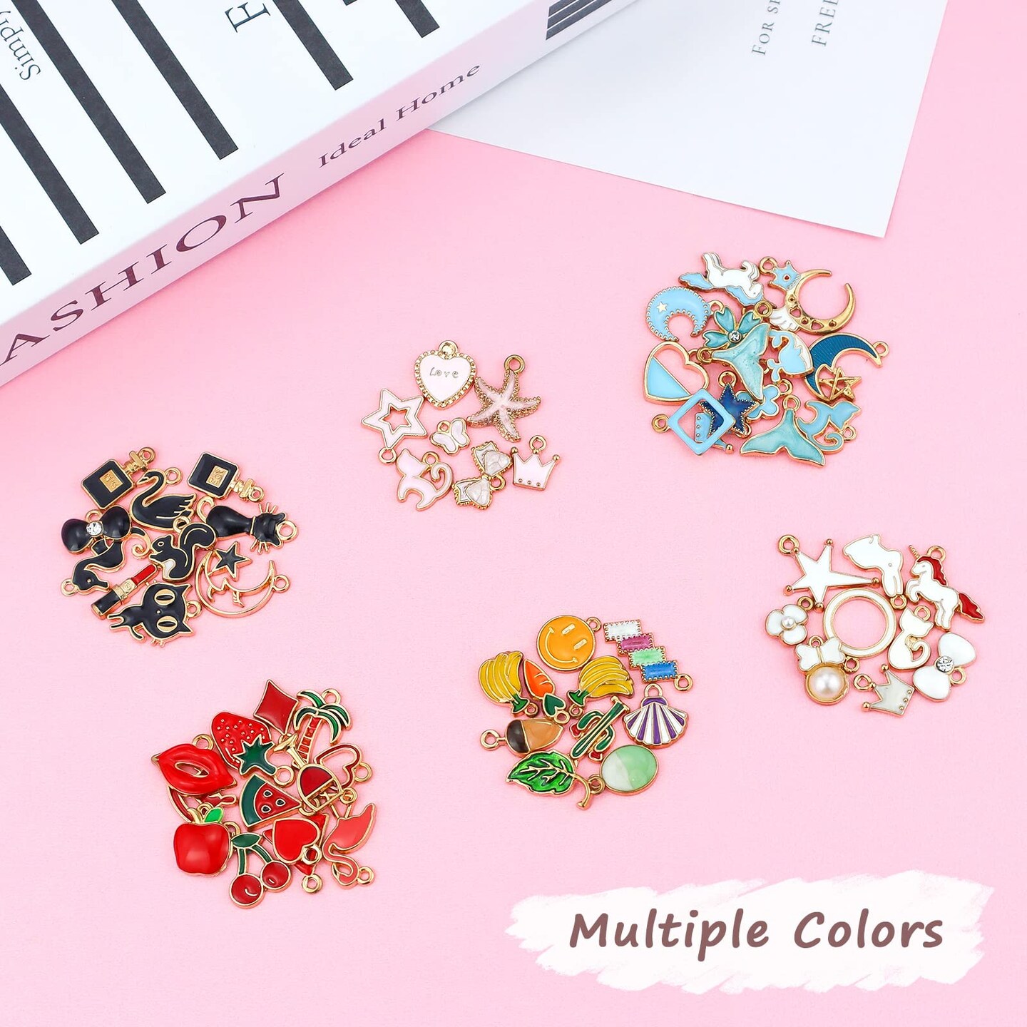 60PCS Assorted Gold Plated Enamel Animal Moon Star Fruit Charm Pendant DIY for Necklace Bracelet Jewelry Making and Crafting