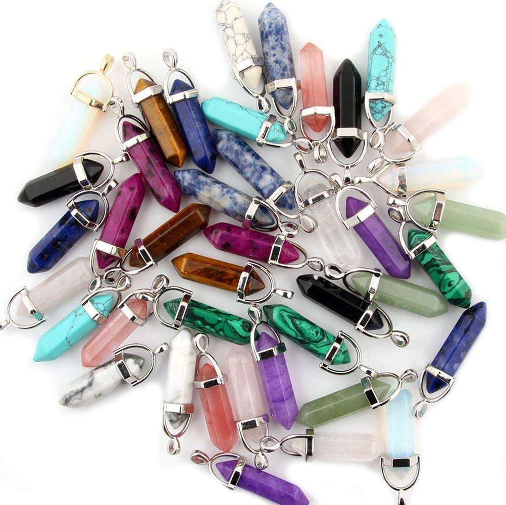 Mutilcolor 50pcs Gemstone Bullet Meditation Healing Pointed Chakra Crystal Stone Random Color Pendants for Necklace Jewelry Making