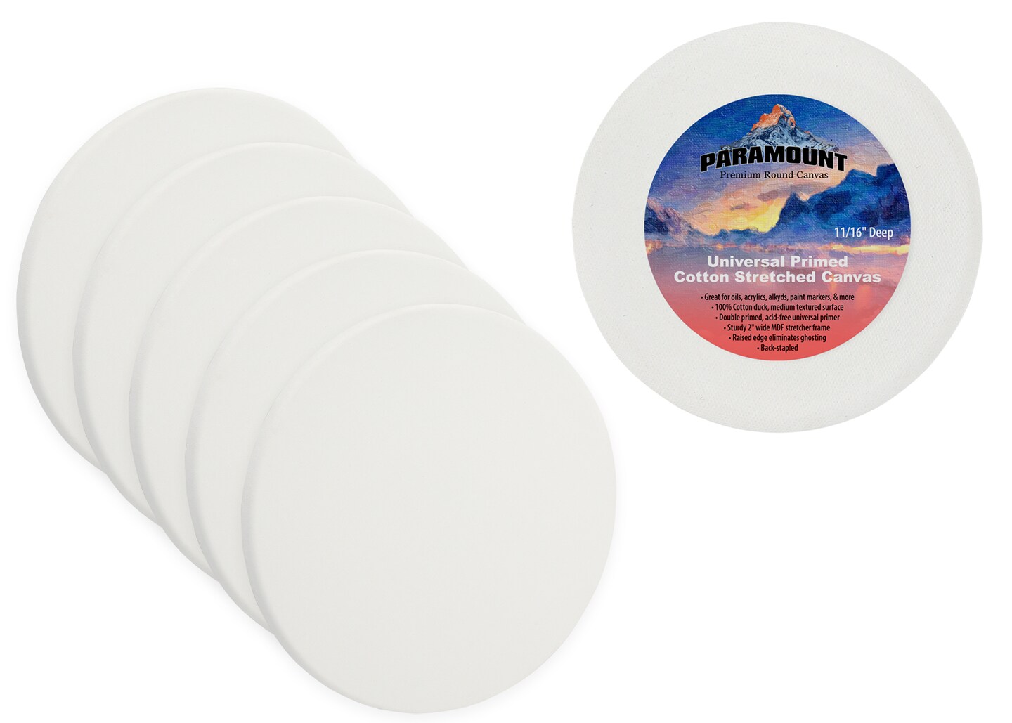 Paramount Cotton Circle Canvas, Box of 6 - Medium Texture, 11/16" Thick, 9 oz. Double Primed, Acid-Free, Non-Ghosting Raised Edge Stretcher Frame, Smooth Edge Round Canvases for Painting