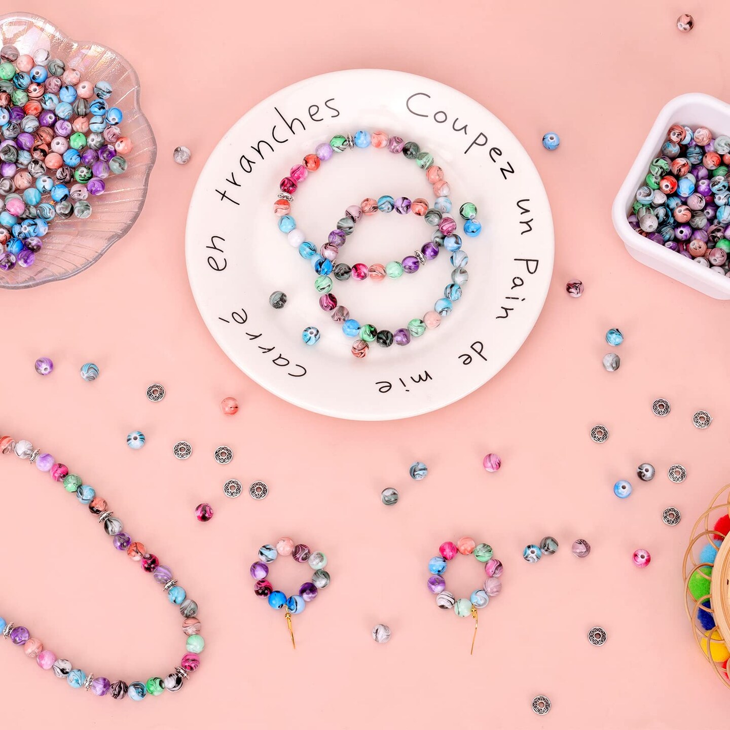 500 Pieces Craft Beads for Jewelry Making, for Bracelets Making,Space Acrylic Beads in Ink Patterns with 50pcs Spacer Beads and Crystal String (8mm)