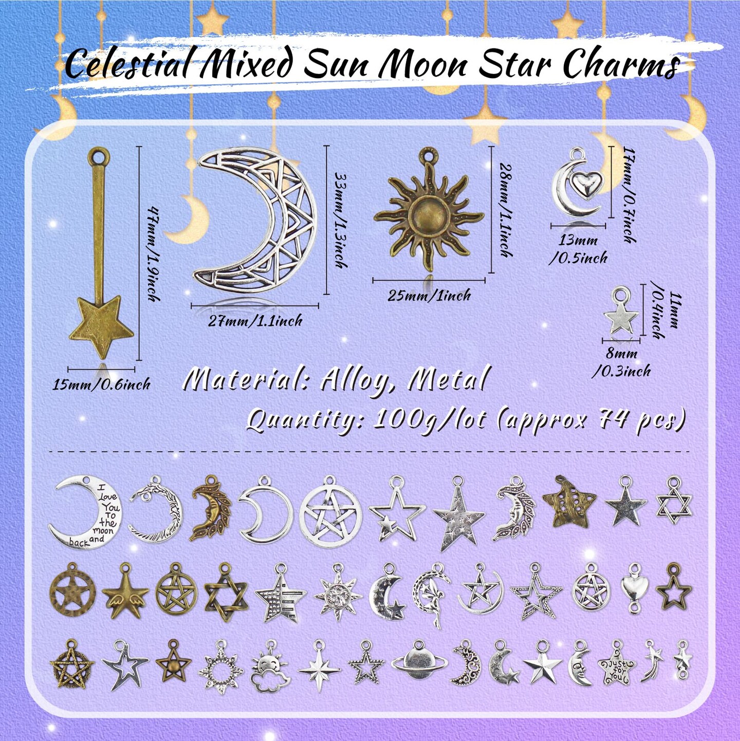 Celestial Mixed Sun Moon Star Charms, Wholesale Bulk Lots Antique Alloy Charms Pendants DIY for Necklace Bracelet Jewelry Making and Crafting, 100g(74PCS)