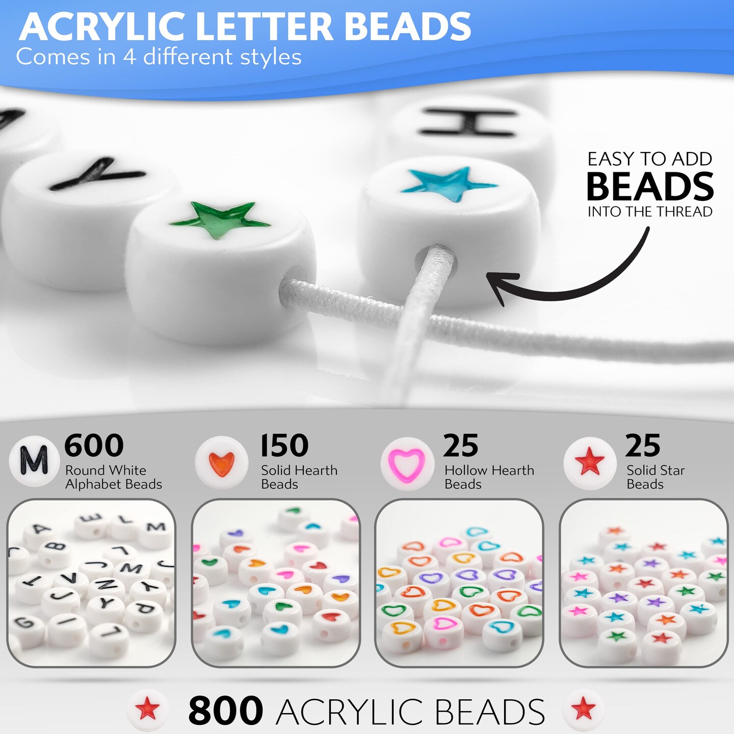 Stylo 800 PCS Letter Beads for Bracelets, Colorful Alphabet Beads for Jewelry Making with Acrylic Round Beads, Heart, Star Charms and 52&#x27; Elastic String Thread
