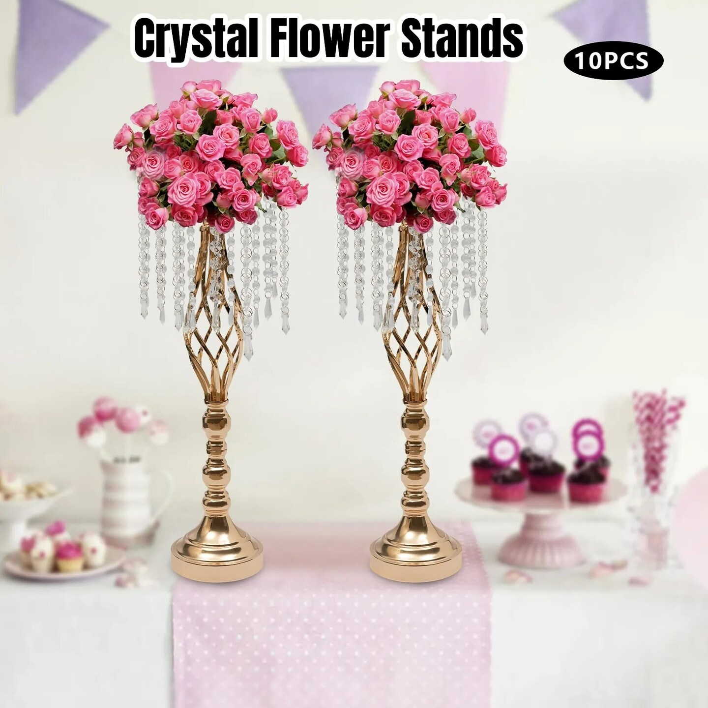 10Pcs Crystal Flower Stands Vases 55cm Wedding Centerpieces Dining Table Gold
