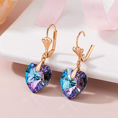 Crystal Heart Drop Leverback Earrings for Women Fashion Dangle Earring 14K Rose Gold Plated Hypoallergenic Jewelry (Vitrail Light)