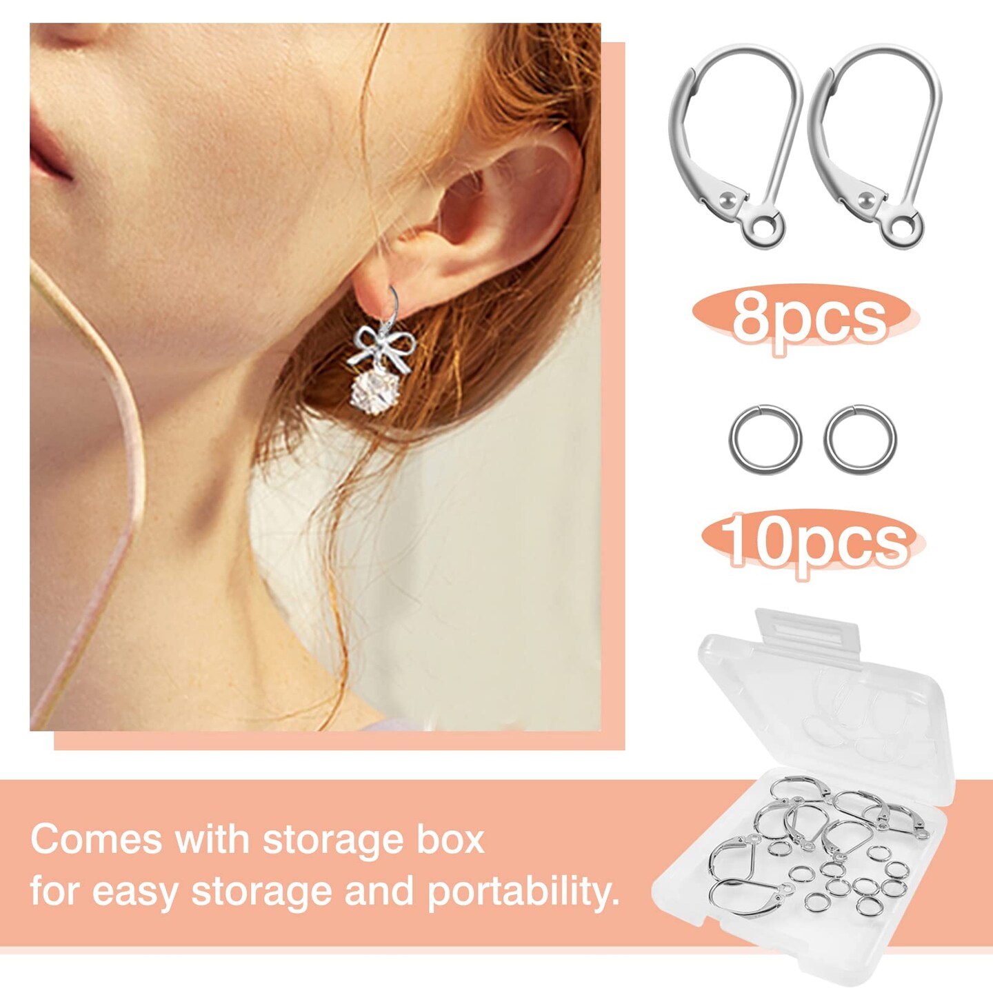 8 Pieces 925 Sterling Silver Leverback French Earring Hooks Hypoallergenic Dangle Earwire Findings 16x9mm with Jump Rings for Jewelry Making