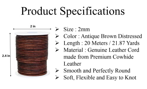 Real/Genuine Round Leather String Cord for Necklace, Bracelets, Jewellery, Braiding (2mm, Antique Brown Distressed)