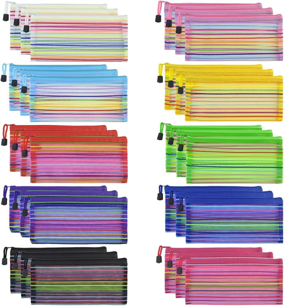 30Pcs Mesh Zipper Pouch, Zipper Pencil Pouch B6 Net Zipper Pouch Multipurpose Travel Mesh Bag Plastic Colorful Small Pencil Pouches with Zipper to Storage Cosmetics Stationery Office Supplies,10 Color