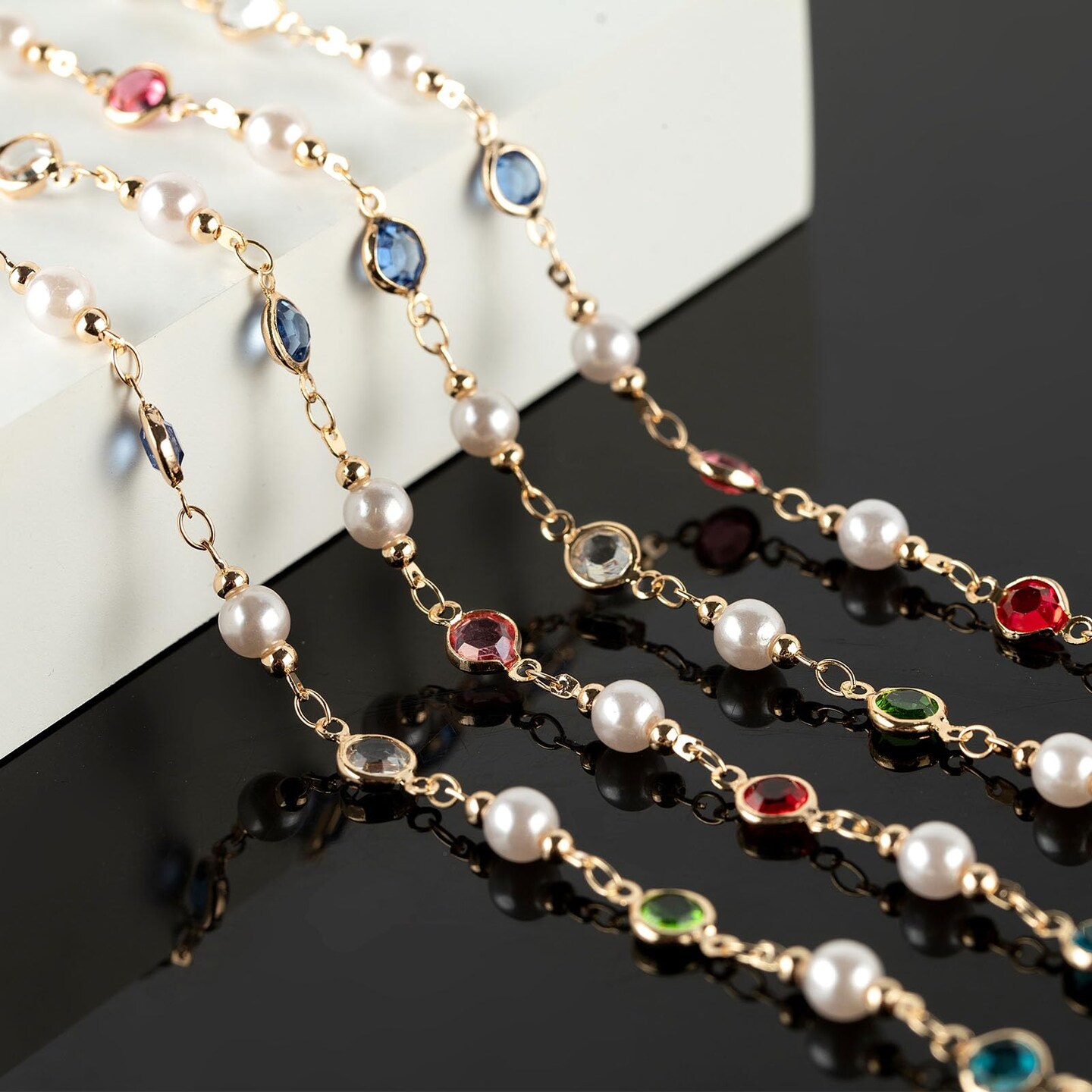 3M Artificial Pearl Chains for Jewelry Making, Mixed Color Rhinestone Jewelry Chains Bulk with Jump Rings and Lobster Clasps Jewelry Supplies Findings