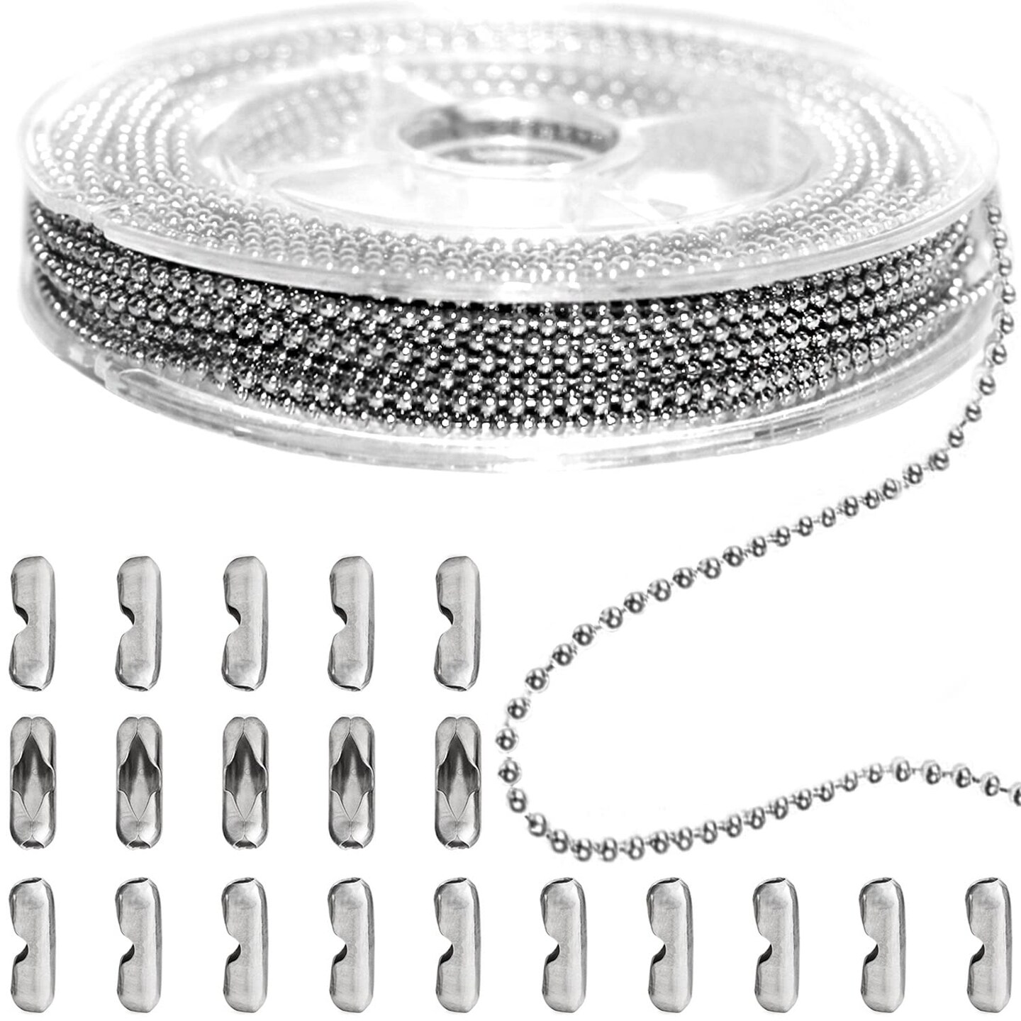 33 FT  Steel Ball Chain Bead Dog Tag Chain Beaded Necklace Chains for Jewelry Making Bracelet Military Crafts, Silver Metal Pull Chain Small Ball Bead Chain Roll w/20 Connectors (Silver, 1.5mm)