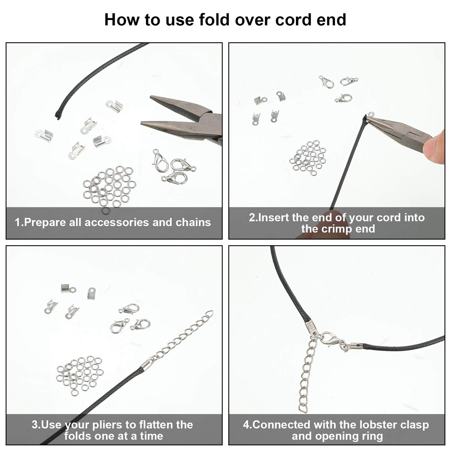 1000 Pieces Fold Over Cord Ends Cord Crimp End Tips Fold-Over End Caps Leather Ribbon Ending Clasp Tips Jewelry Connector for Jewelry Making, 3.5 x 9 mm/ 0.14 x 0.35 Inch, 5 Colors