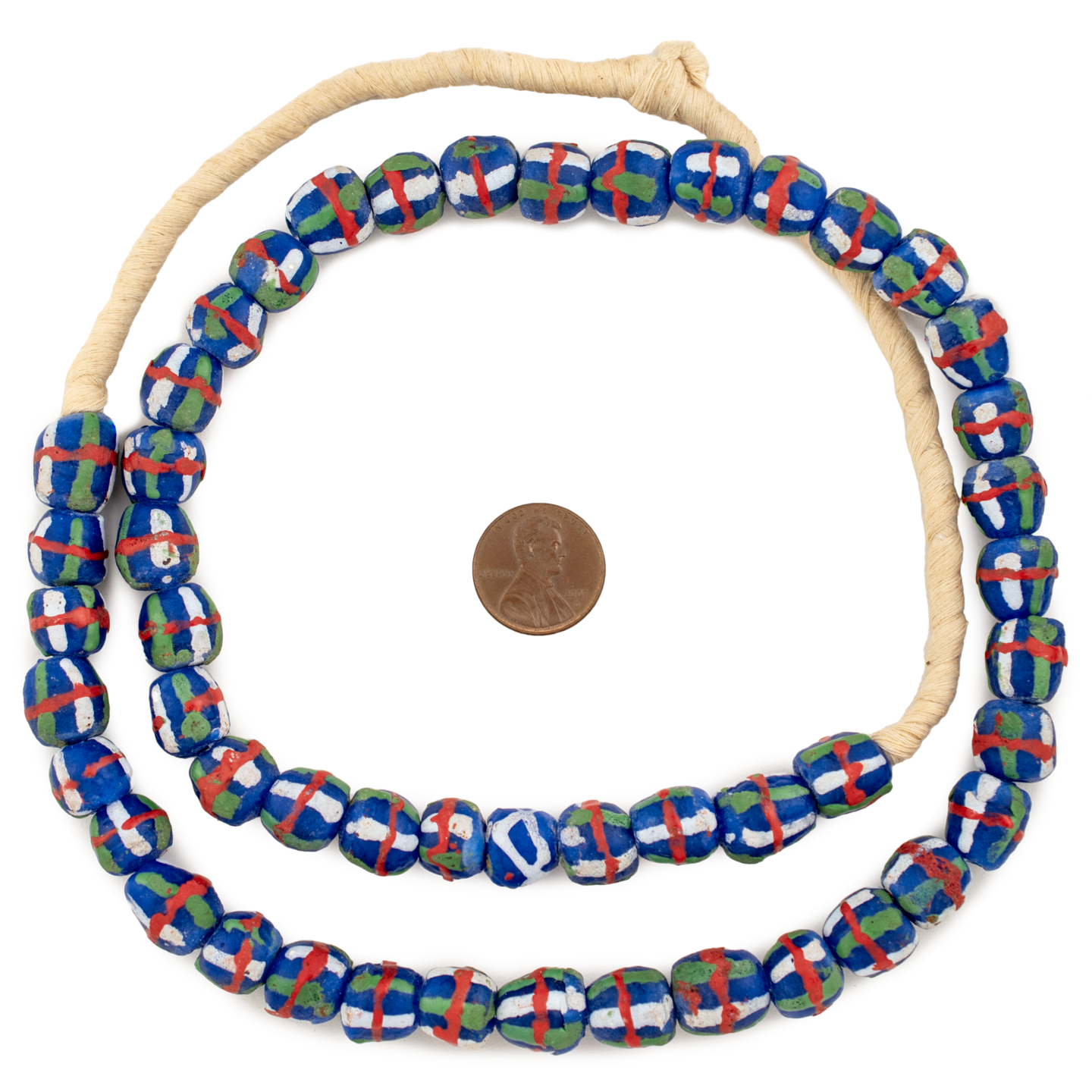 TheBeadChest Blue French Cross Krobo Beads 11mm Ghana African Round Glass Large Hole 28 Inch Strand Handmade