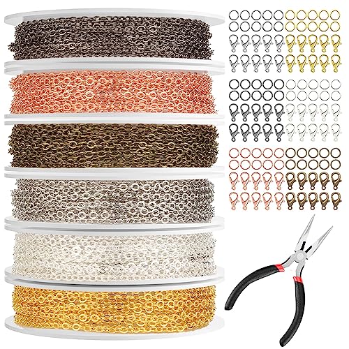 60 FT Chains for Jewelry Making, Jewelry Making Chains for Necklace with Pliers, Open Jump Rings and Lobster Clasps for Making Jewelry DIY Necklace Bracelet Anklet, 6Colors 2mm