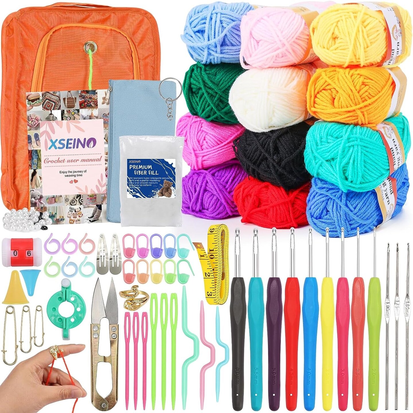 Crochet Kit with Step-By-Step Video Tutorials&#xFF0C;Premium Bundle Includes 12 Roll X50Yard Acrylic Yarn Balls, 12 Crochet Hooks, Crochet Bag and All Accessories Kit, Crochet Kit for Beginners