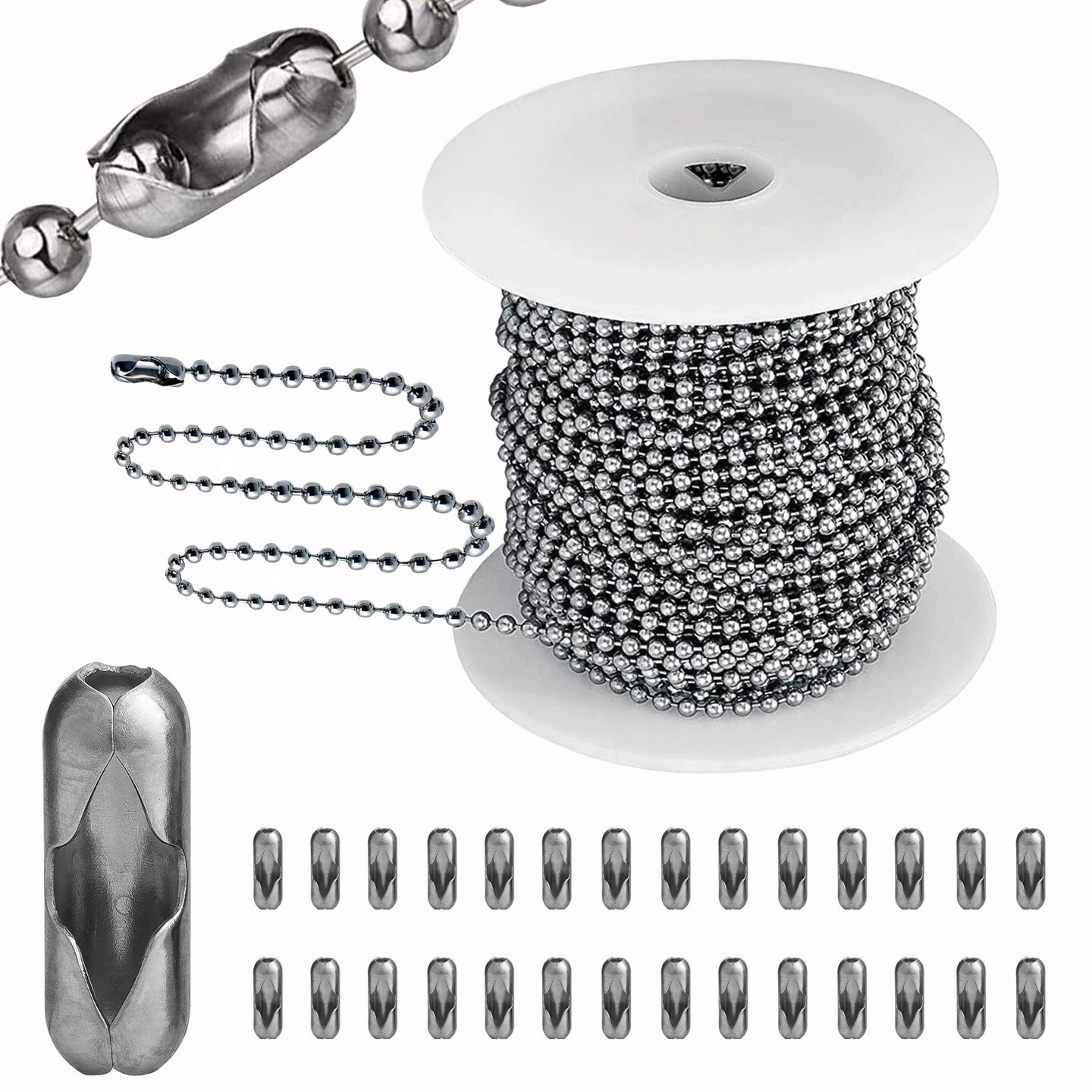 55 FT Stainless Steel Ball Chain, Necklace Chain Ball Bead, Bead Chain Ball Chain Bulk Bead Chain with 100 Pcs Matching Connectors Clasps for Necklace Hanging, Dog Tag, DIY Crafts, 2.0mm Diameter