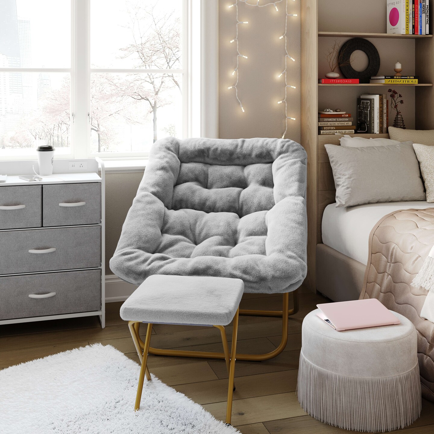 Emma and Oliver Aisling Oversized Folding Saucer Chair and Ottoman for Dorm, Bedroom