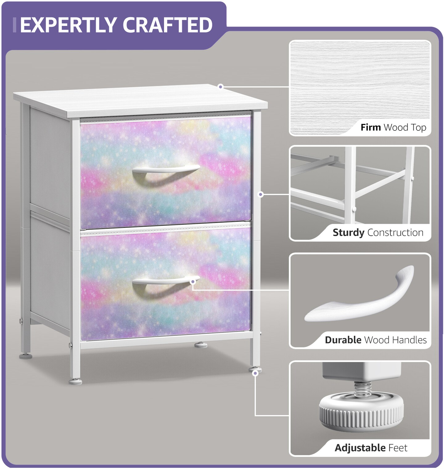 Sorbus Nightstand with 2 Drawers - Steel Frame, Wood Top & Easy Pull Fabric Bins - Great for Home, Bedroom, Office & College Dorm