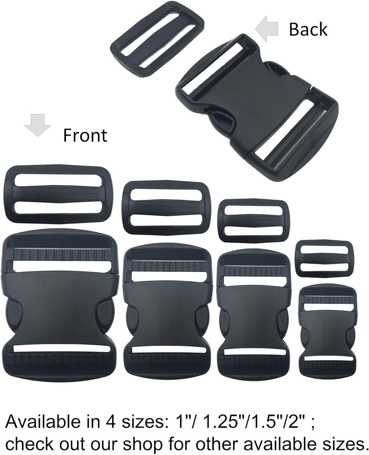 2 Set 1.5 Inch Flat Dual Adjustable Plastic Quick Side Release Plastic Buckles and Tri-glide Slides for Luggage Straps Pet Collar Backpack Repairing (Black, Fit For 1.5”/38mm Webbing Straps)