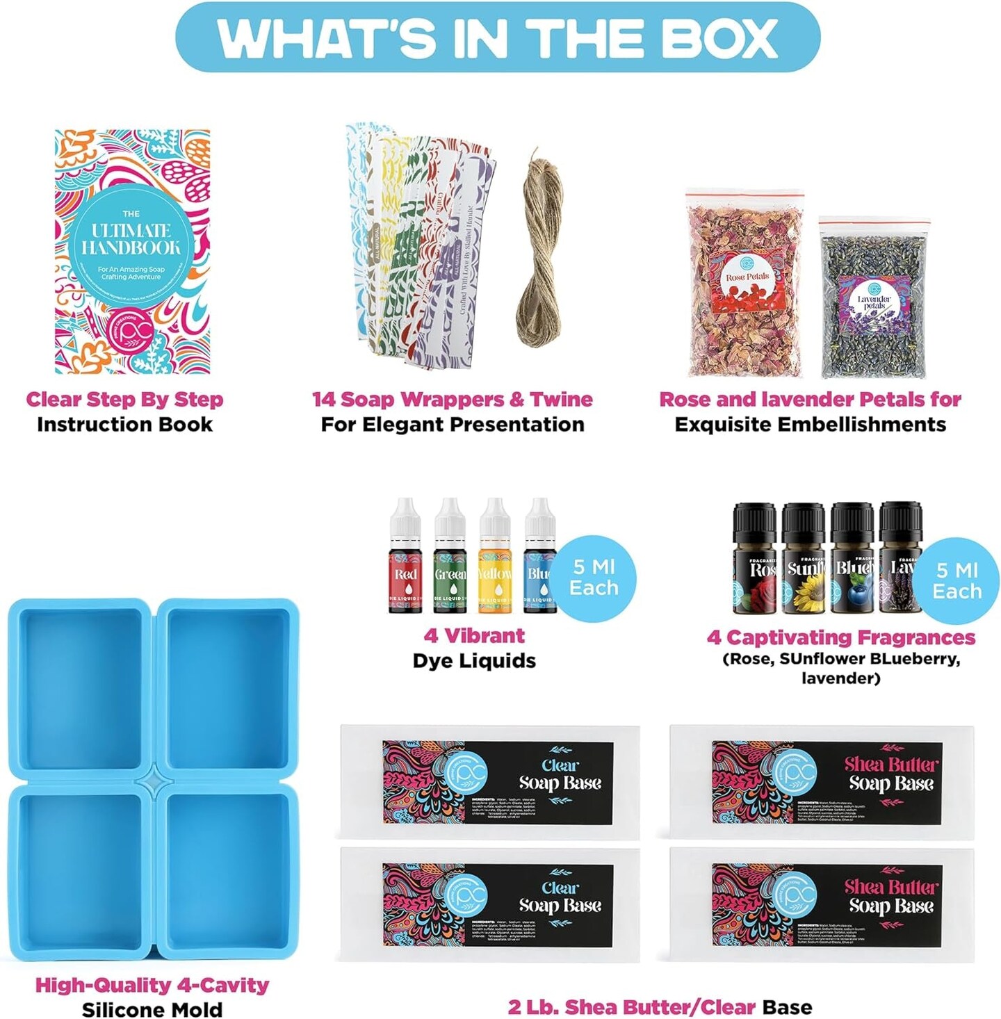 Soap Making Kit - Soap Making Supplies Melt and Pour - DIY Set for Adults and Kids, Includes Soap Base, Silicone Molds, Fragrances, Rose and Lavender Petals