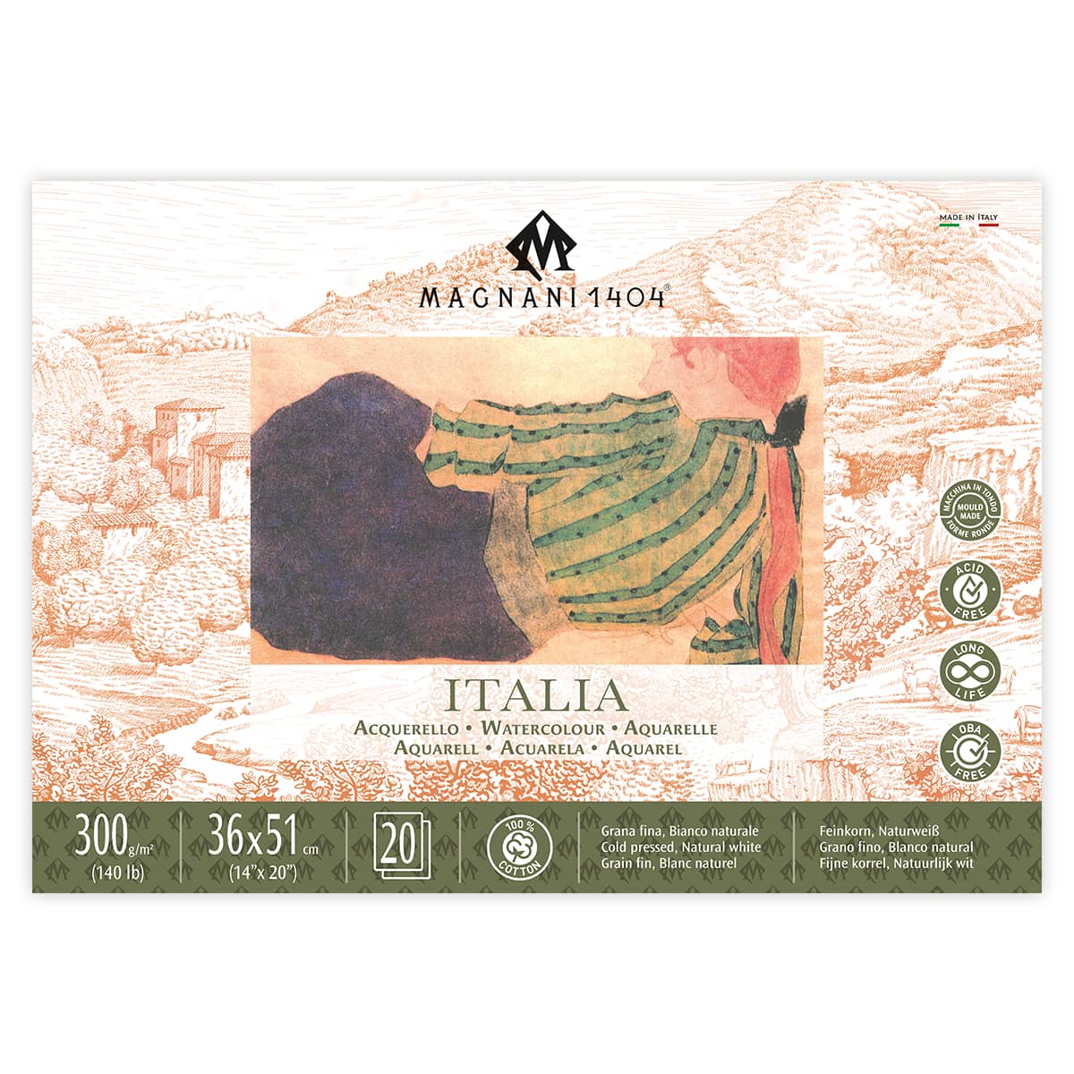 Magnani 1404 Italia Cold Press 100% Cotton Watercolor Paper Block, 20 Sheets, 14x20 inch, 140 lb, Acid-Free, UV Resistant, Vegan Sized Water Color Paper for Artists, Made in Italy