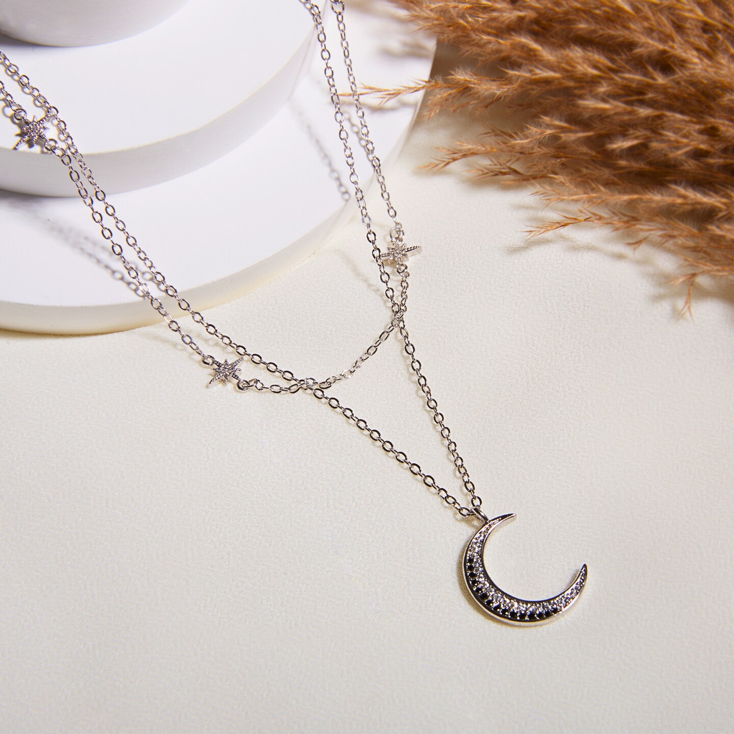 925 Silver Diamond store Moon Star Necklace