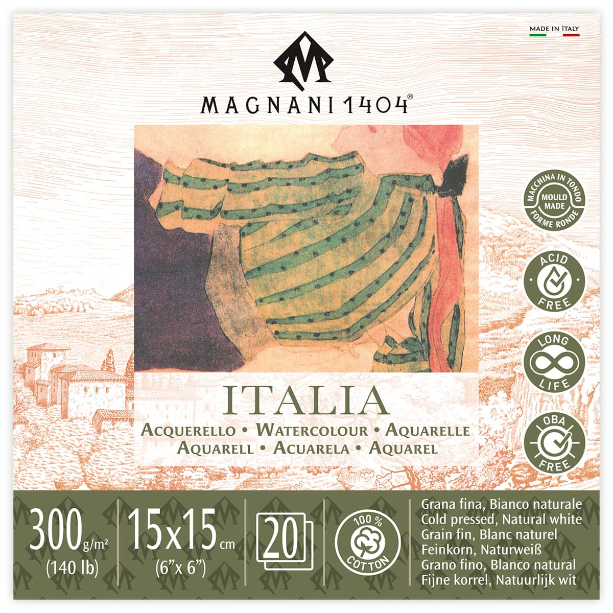 Magnani 1404 Italia Cold Press 100% Cotton Watercolor Paper Pad, 20 Sheets, 140 lb, Acid-Free, UV Resistant, Deckled Edges, Vegan Sized Water Color Paper for Artists, Made in Italy