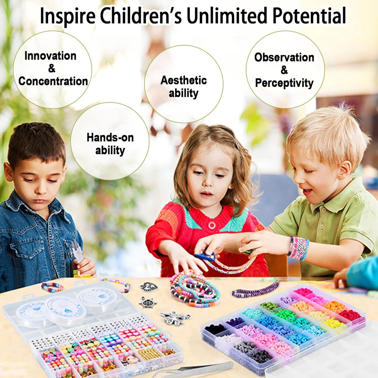 Bracelet Making Kit, 7400 Pcs Clay Beads Flat Round Clay Beads for Jewelry Making Crafts Gift for Girls Ages 3-12(2 Box)