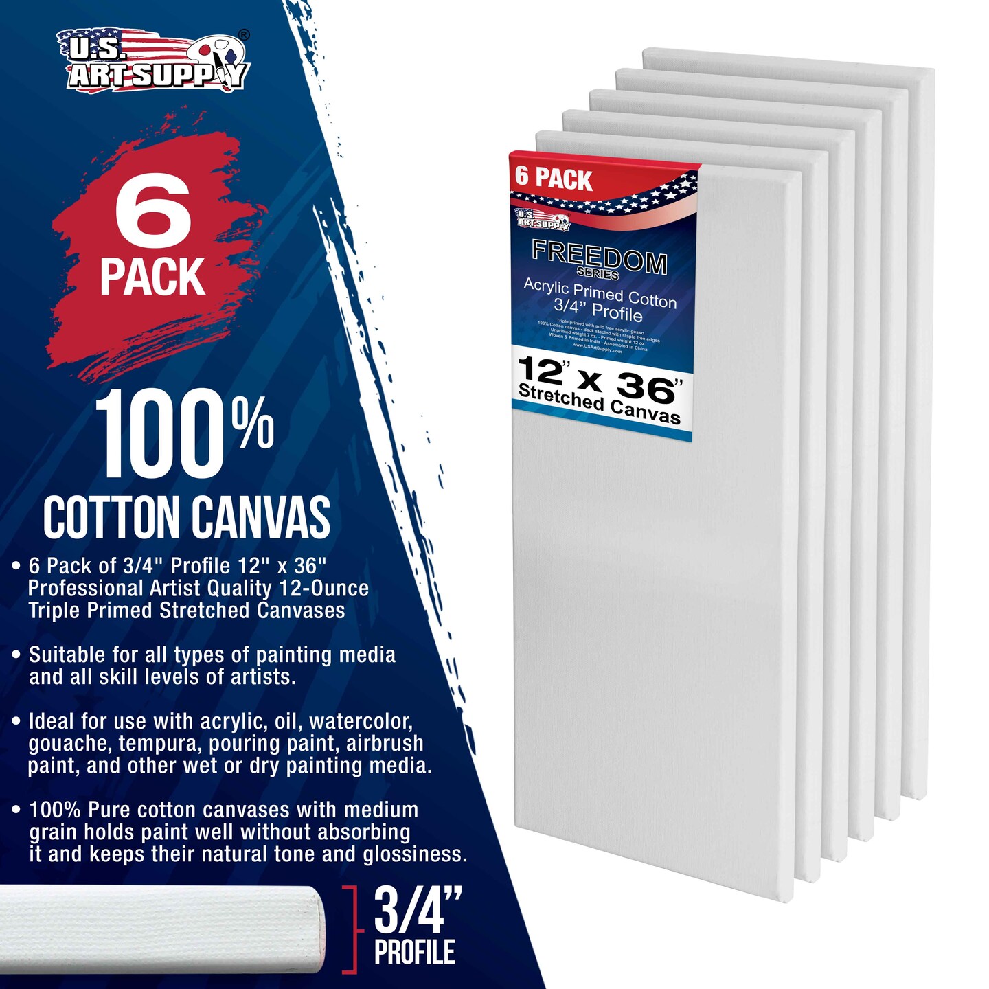 12 x 36 inch Stretched Canvas 12-Ounce Triple Primed, 6-Pack - Professional Artist Quality White Blank 3/4&#x22; Profile, 100% Cotton, Heavy-Weight Gesso