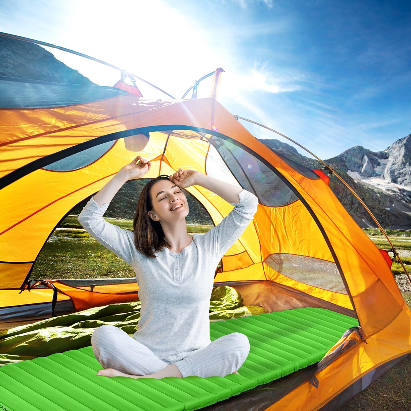 Goplus 3 Inch Inflatable Camping Sleeping Pad Waterproof &#x26; Comfortable Sleeping Mat Blue/Green
