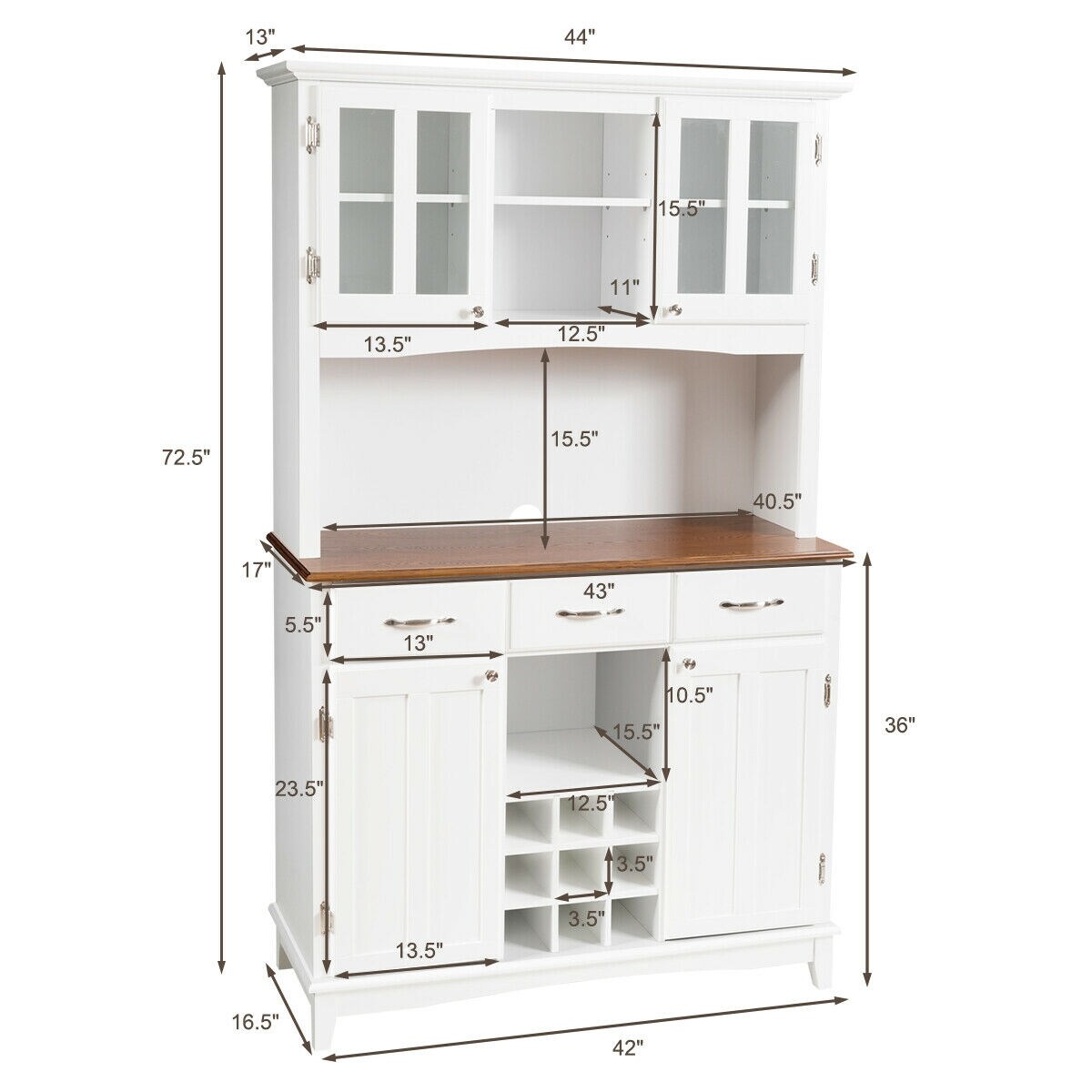 4 Door Buffet Hutch with Adjustable Shelves Drawers and Wine Storage White
