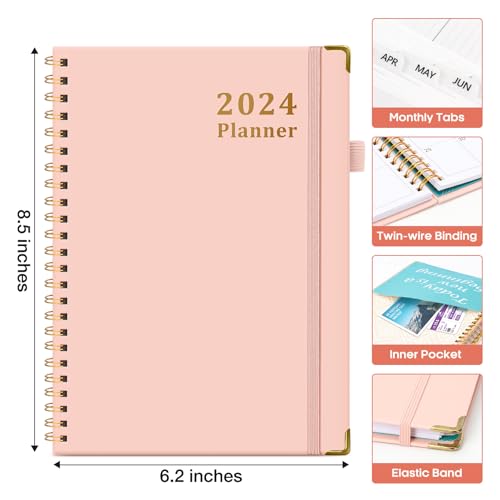 Weekly and Monthly Planner Spiral Bound, Jan 2024 - Dec 2024, A5 (6.7&#x22; x 8.6&#x22;), Planner 2024 with Tabs, Inner Pocket, Helps To Keep Track Of Tasks - Pink