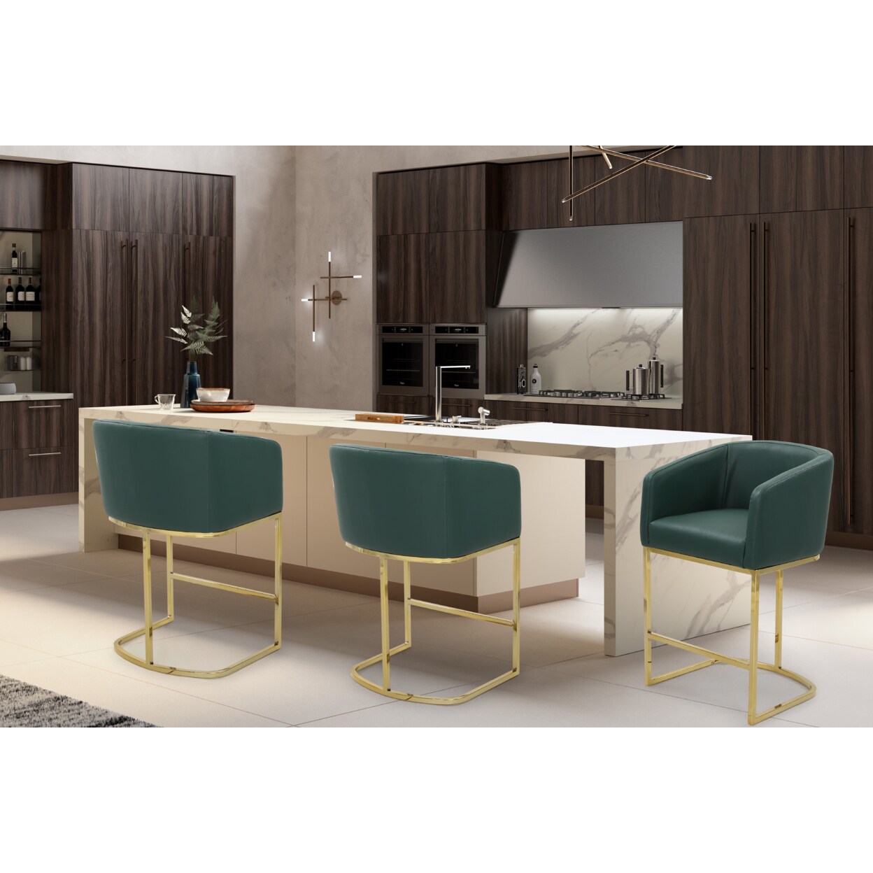 Iconic Home Tahiti Bar Stool or Counter Stool Chair PU Leather Upholstered Shelter Arm Design Half-Moon Goldtone Solid Metal