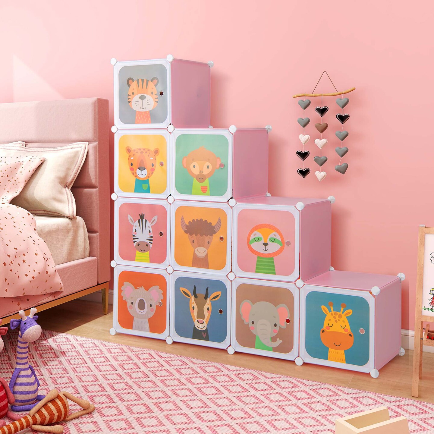 Costway 12-Cube Kids Wardrobe Baby Dresser Bedroom Armoire Clothes Hanging Closet with Door Blue/Pink