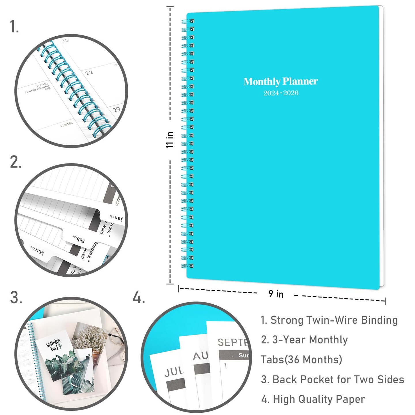 2024-2026 Monthly Planner/Calendar - 3 Year Monthly Planner 2024-2026, 36 Months Planner from Jan 2024 to Dec 2026, 9&#x27;&#x27; x 11&#x27;&#x27;, 36 Months Tabs, Double-Side Pocket, Holidays, Notes Pages