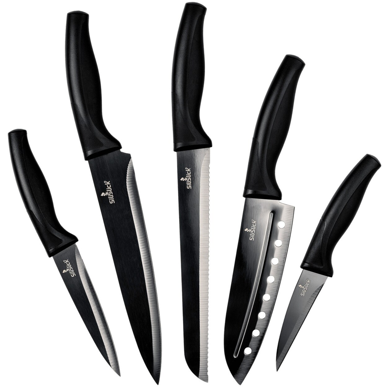 SiliSlick Stainless Steel Knife Set - Titanium Coated Stainless Steel Kitchen Utility Knife, Santoku, Bread