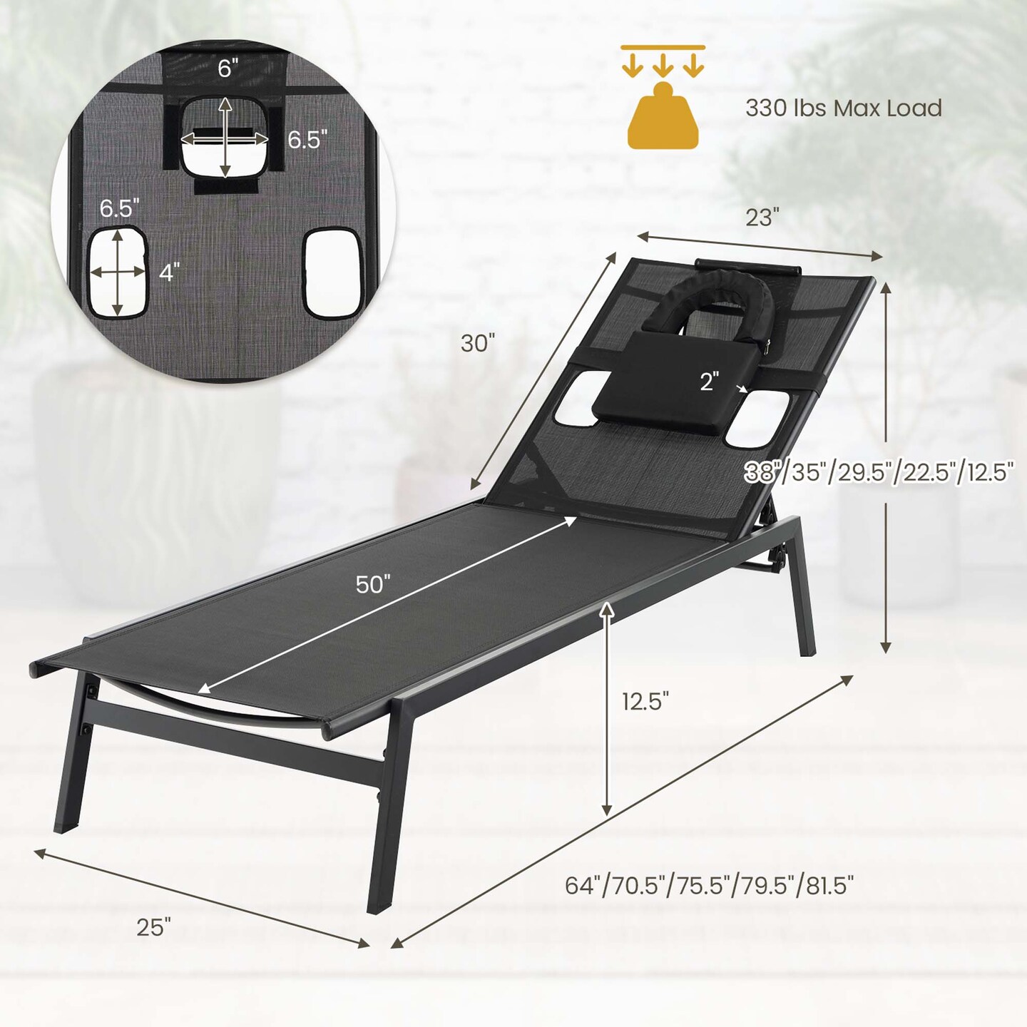 Costway Patio Tanning Lounge Chair 5-Position Outdoor Recliner with Face Hole Poolside