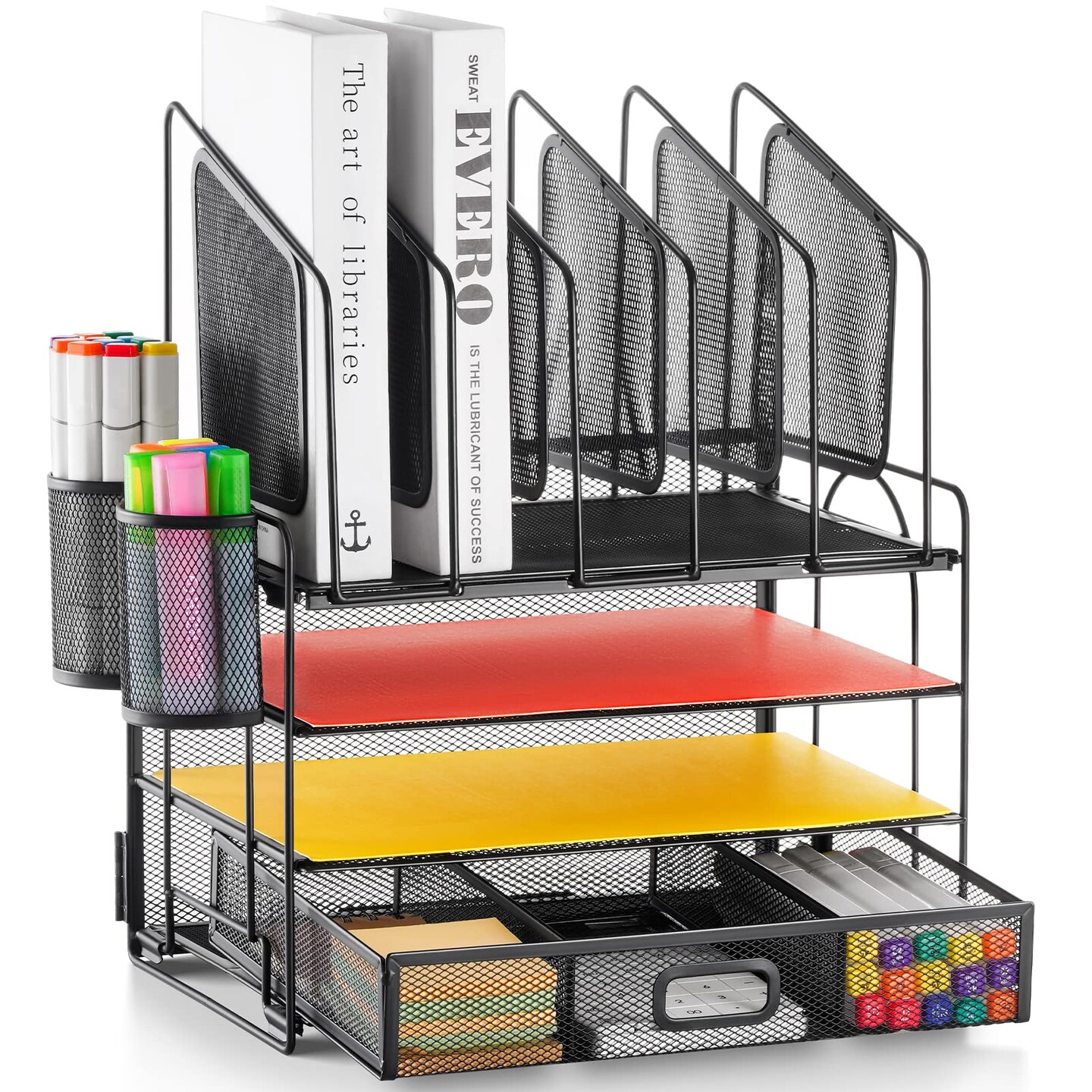 Marbrasse Desk Organizer with Drawer, 4-Tier Mesh Desk File Organizer with 5 Vertical File Holders and 2 Pen Holders, Multifunction Desktop Organizer