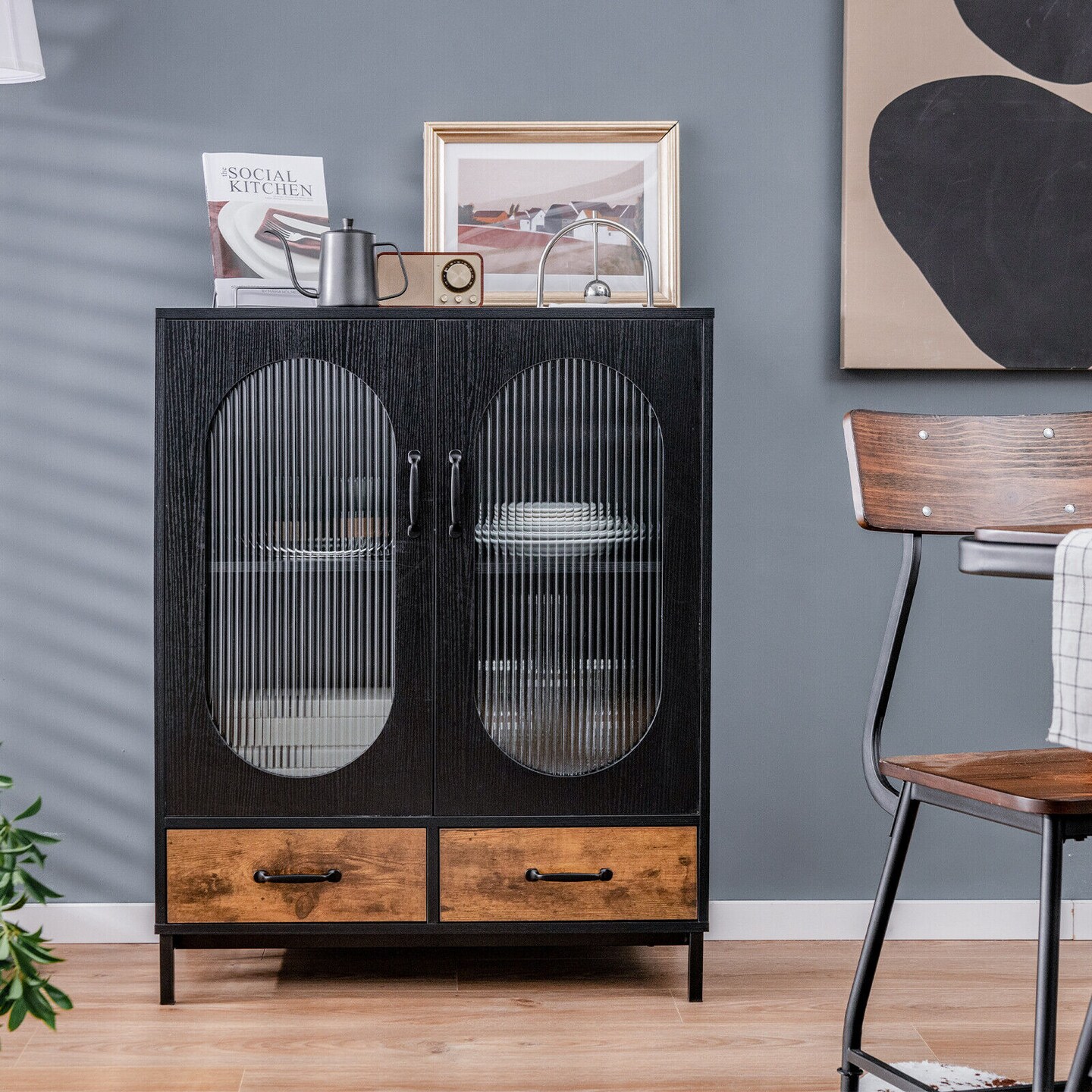 Kitchen Industrial Buffet Sideboard With Tempered Glass Doors